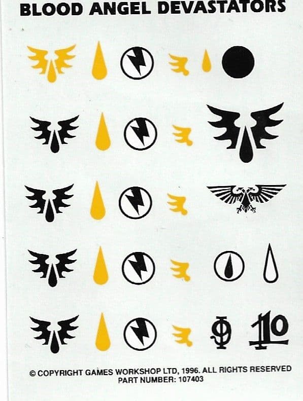 Blood Angel Devastators Transfer Sheet Decals (1996)