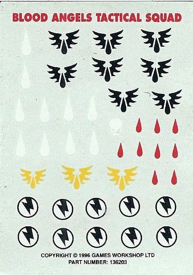 Blood Angels Tactical Squad Transfer Sheet (1996)