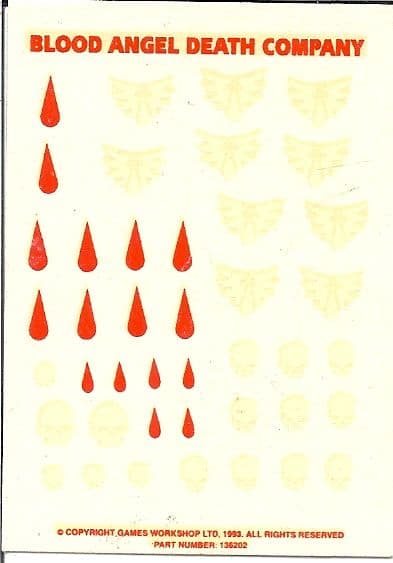 Blood Angels Death Company small Transfer Sheet Warhammer 40,000 decals (OOP)
