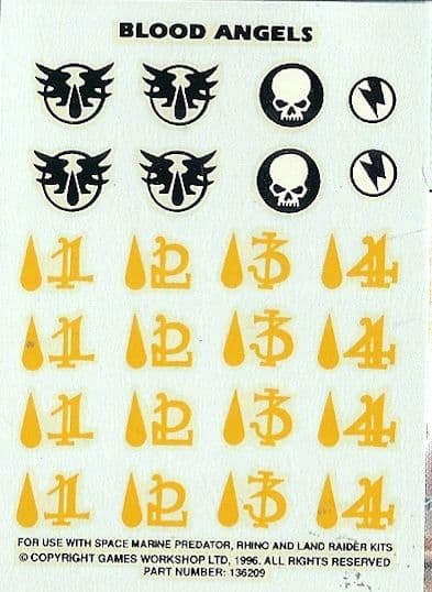 Blood Angels Predator Rhino Land Raider Transfer Sheet decals #136209 (1996)