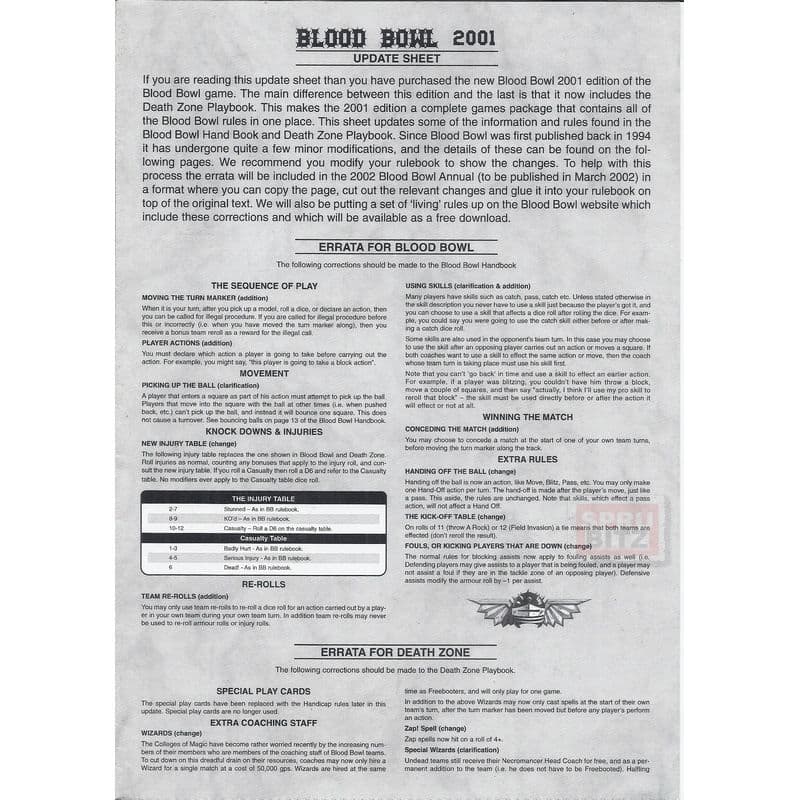 Blood Bowl 2001 Update Sheet & Templates Bloodbowl rules