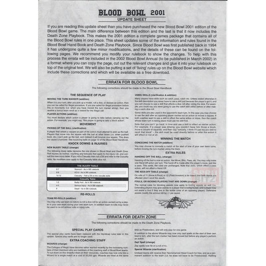 Blood Bowl 2001 Update Sheet & Templates Bloodbowl rules