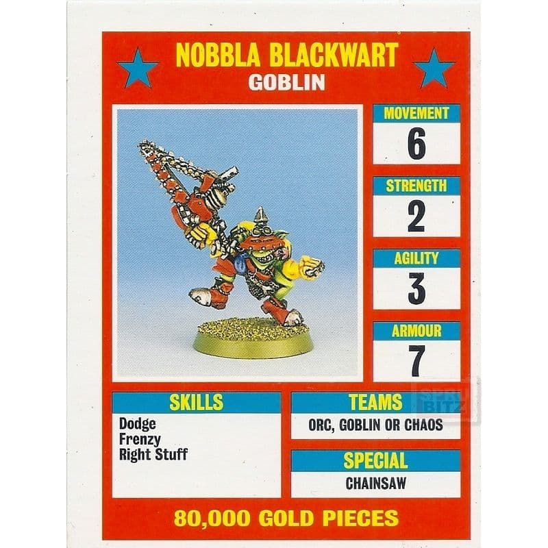 Blood Bowl Nobbla Blackwart Goblin Star Player Reference Card