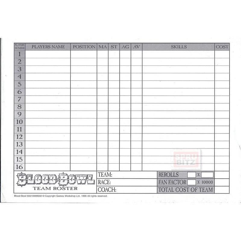 Blood Bowl Team Roster sheets Bloodbowl x10 (A5)