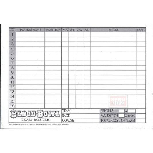 Blood Bowl Team Roster sheets Bloodbowl x10 (A5)