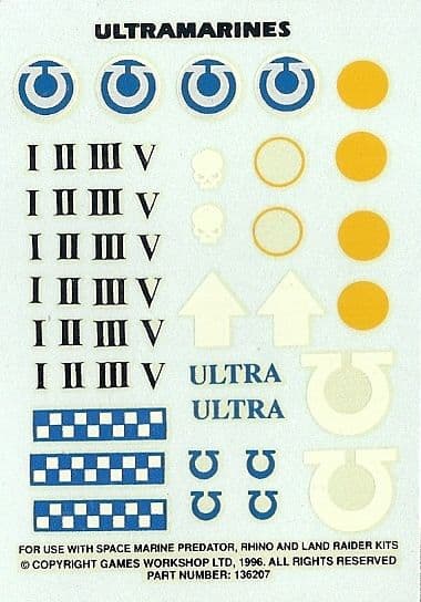 Ultramarines Predator Rhino Land Raider Small Transfer Sheet Warhammer 40,000 decals #136207 (1993)